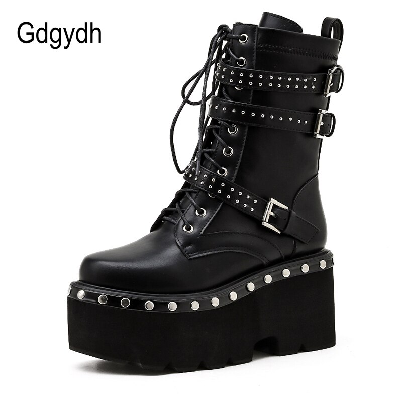 Gdgydh-bottes-de-moto-pour-femmes-chaussures-de-printemps-bout-rond-plateforme-paisse-talons-hauts-Style