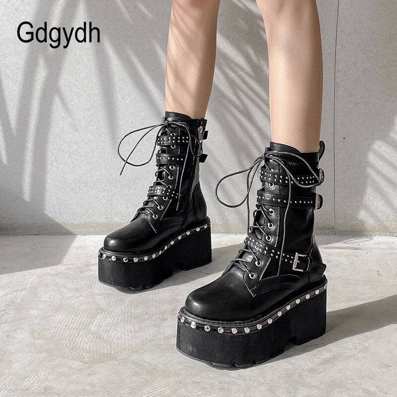 Gdgydh-bottes-de-moto-pour-femmes-chaussures-de-printemps-bout-rond-plateforme-paisse-talons-hauts-Style