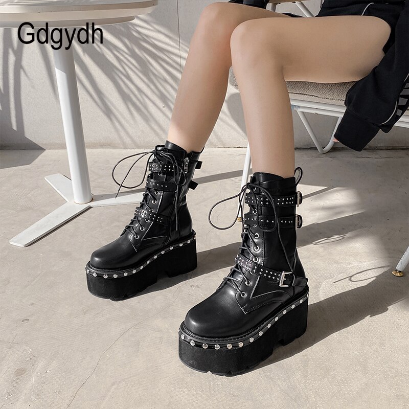 Gdgydh-bottes-de-moto-pour-femmes-chaussures-de-printemps-bout-rond-plateforme-paisse-talons-hauts-Style