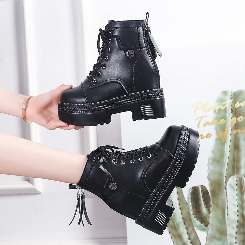 Bottines-noires-talons-hauts-et-pais-de-10CM-pour-femme-chaussures-en-cuir-plateforme-collection-automne