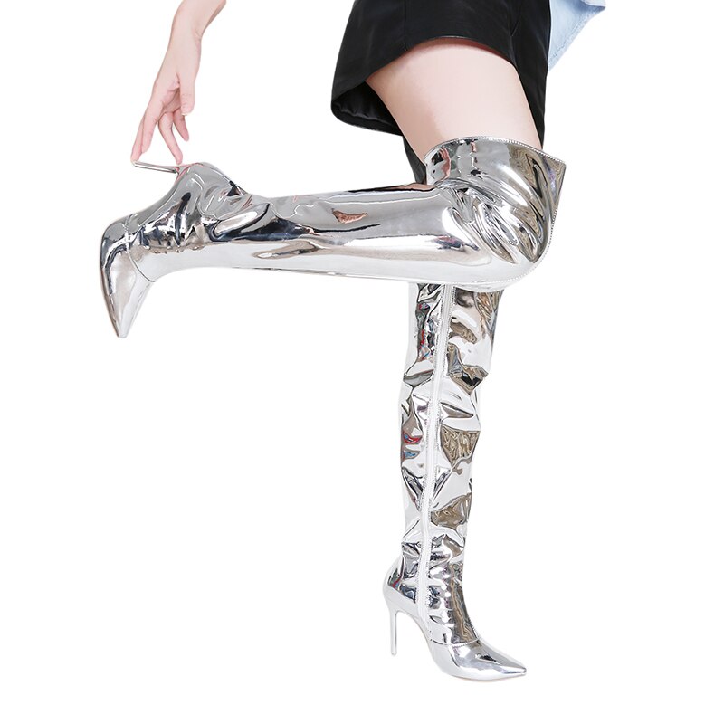 Bottes-argent-es-Sexy-bout-pointu-pour-femmes-chaussures-de-soir-e-talons-hauts-fins-au