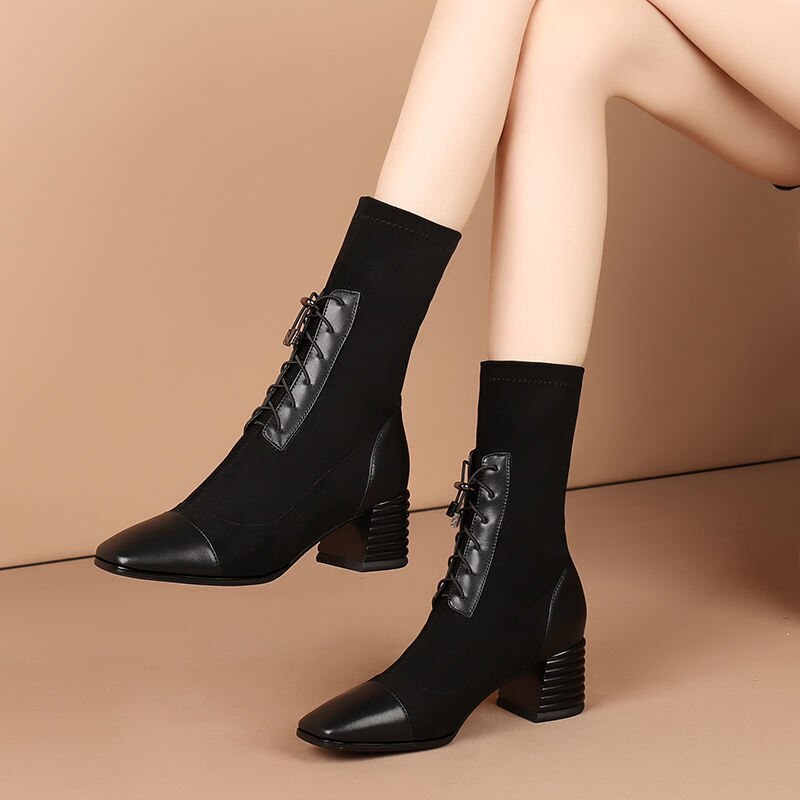 Mi-talon-bottes-chaussette-mince-femmes-automne-hiver-chaussures-bout-carr-lacets-talon-pais-botte