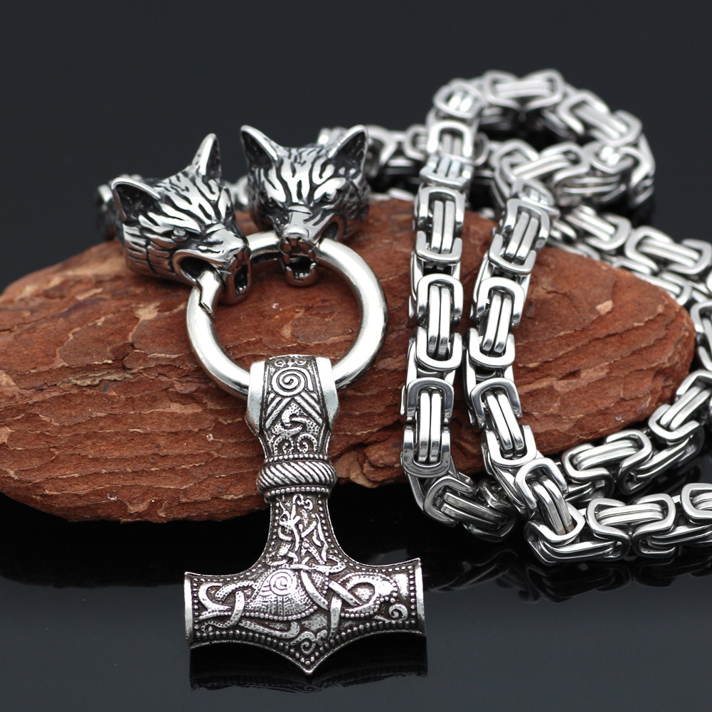 Mens-Stainless-Steel-Necklace-Viking-Wolf-Head-Thor-s-Hammer-Pendant-Nordic-Celtic-Jewelry