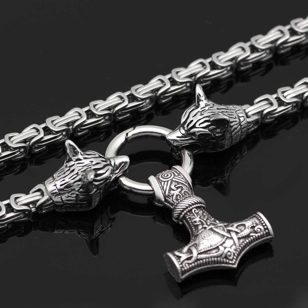 Mens-Stainless-Steel-Necklace-Viking-Wolf-Head-Thor-s-Hammer-Pendant-Nordic-Celtic-Jewelry