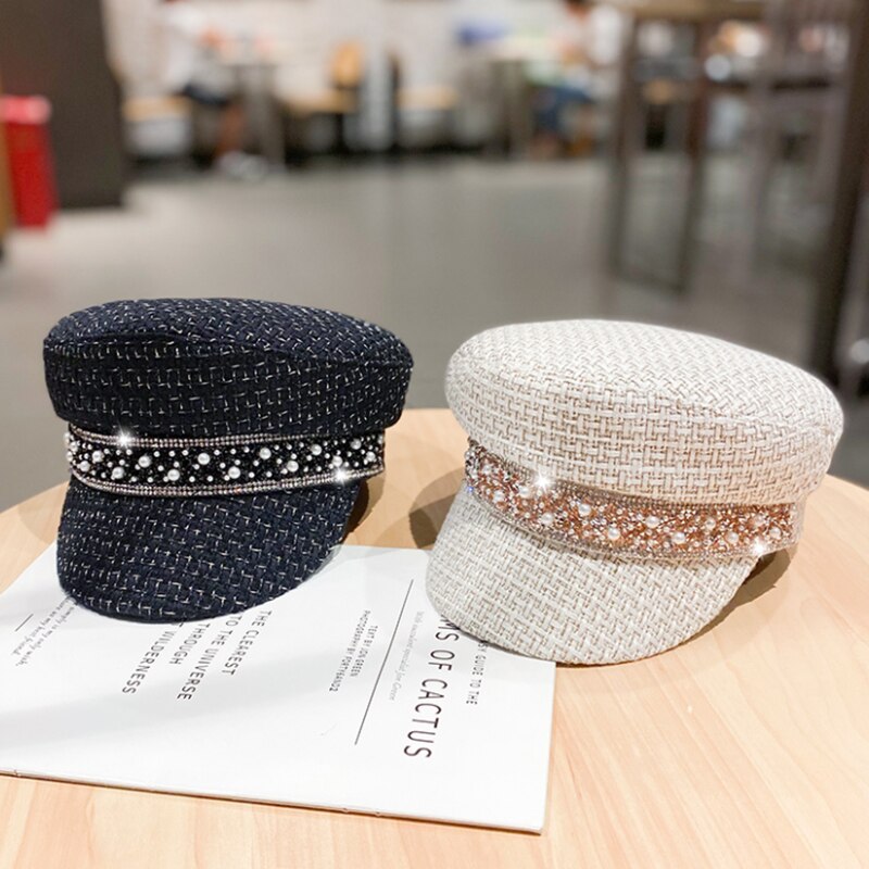 Chapeau-plat-pour-femmes-style-militaire-avec-des-strass-et-des-perles-couleur-unie-pour-jeunes