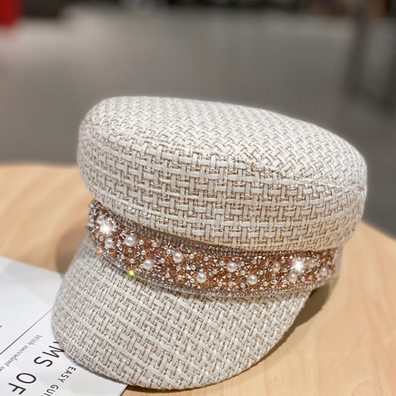 Chapeau-plat-pour-femmes-style-militaire-avec-des-strass-et-des-perles-couleur-unie-pour-jeunes