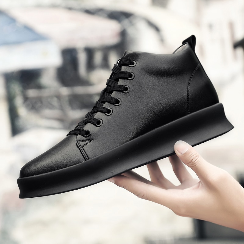 Baskets-en-cuir-pour-hommes-chaussures-de-haute-qualit-toutes-noires-d-contract-es-simples-pures