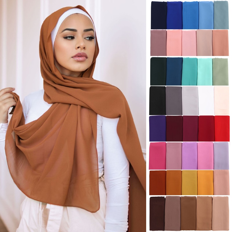 Foulard-Hijab-en-Mousseline-de-Soie-de-Couleur-Unie-pour-Femmes-Ch-les-Islamiques-Bandeau-Musulman