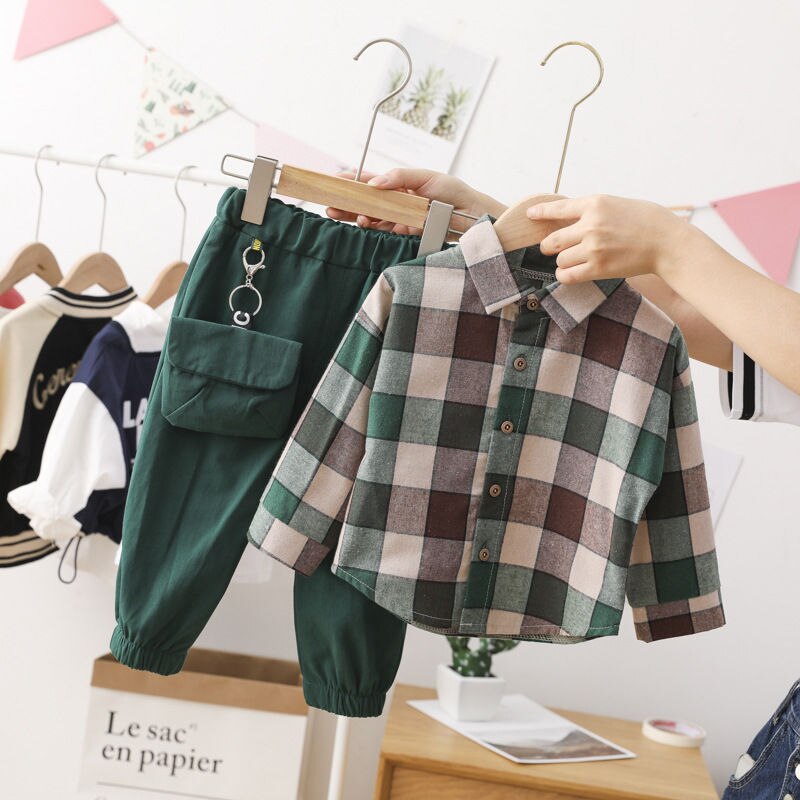 Ensemble-de-V-tements-en-Coton-pour-Enfant-2-Pi-ces-Chemise-Carreaux-avec-Pantalon-Tenue