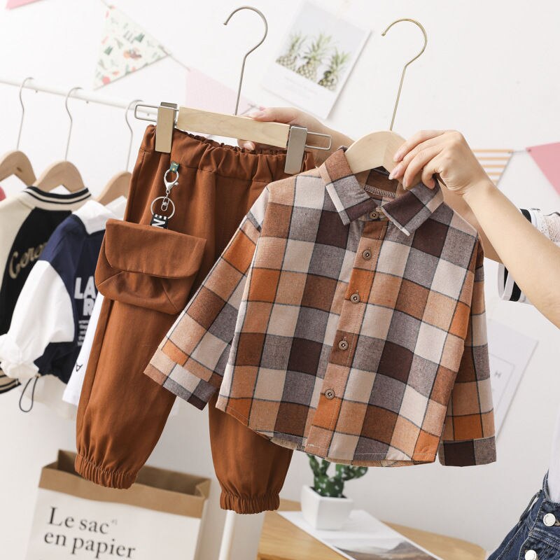 Ensemble-de-V-tements-en-Coton-pour-Enfant-2-Pi-ces-Chemise-Carreaux-avec-Pantalon-Tenue