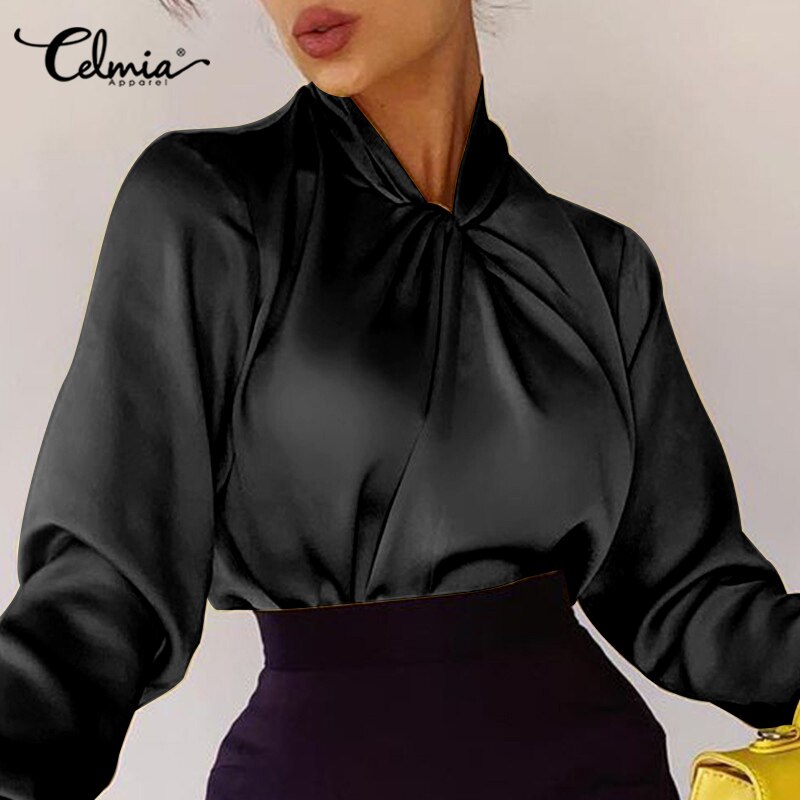 Celmia-chemisiers-en-Satin-jaune-manches-longues-pour-femmes-col-torsad-l-gant-la-mode-bureau