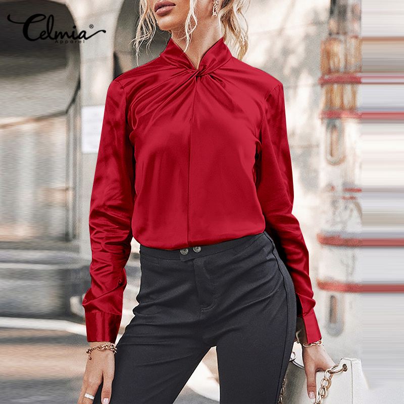 Celmia-chemisiers-en-Satin-jaune-manches-longues-pour-femmes-col-torsad-l-gant-la-mode-bureau