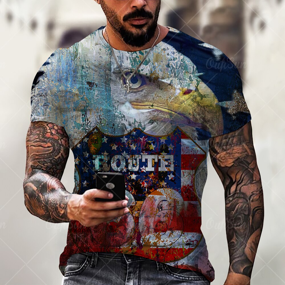 T-Shirt-manches-courtes-et-col-rond-pour-homme-haut-surdimensionn-Vintage-la-mode-Route-am