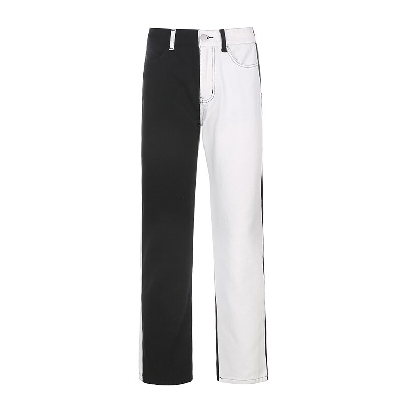Darlingaga-jean-en-Denim-pour-femme-pantalon-droit-taille-haute-Slim-Long-Patchwork-noir-et-blanc