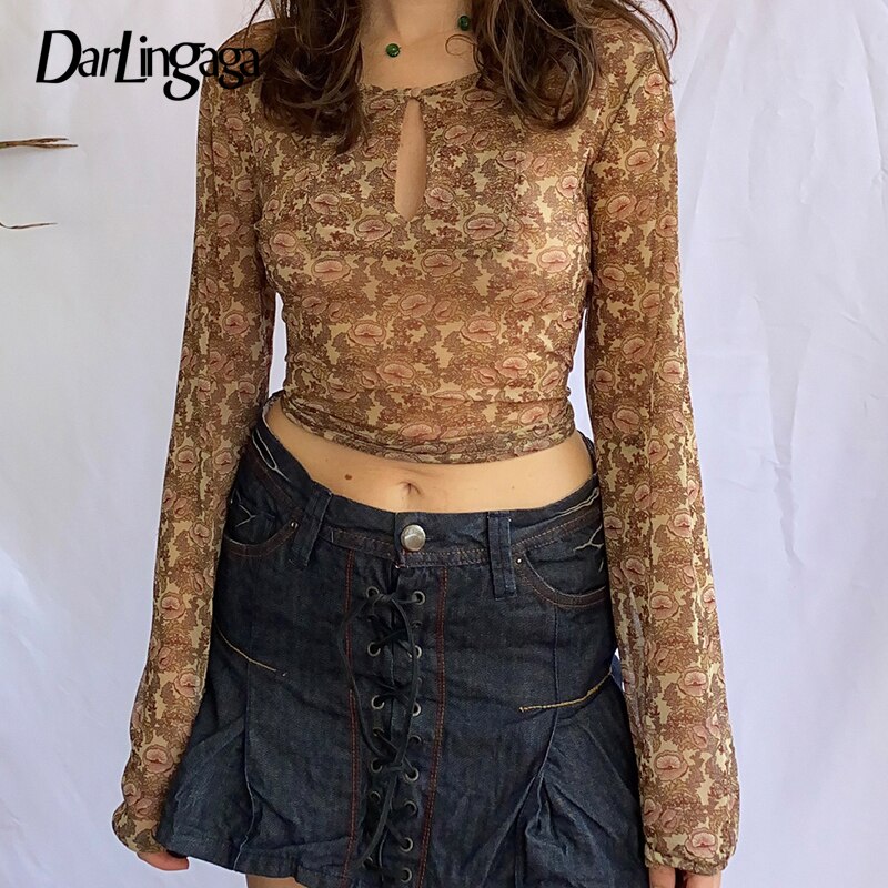 Darlingaga-T-shirt-en-maille-transparente-pour-femme-haut-court-Vintage-imprim-esth-tique-mode-Grunge