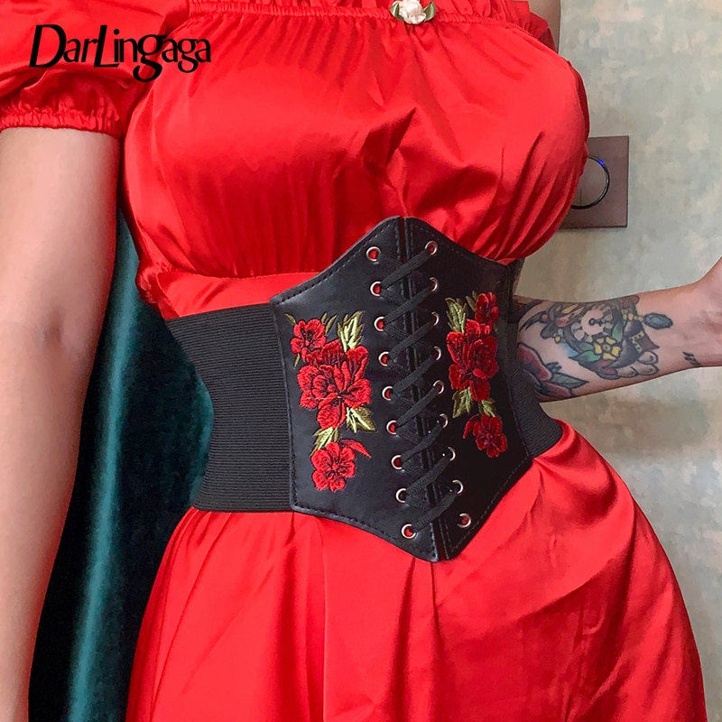 Darlingaga-haut-en-cuir-PU-pour-femmes-Streetwear-gothique-noir-Corset-lacets-Floral-Bandage-ceinture-2021