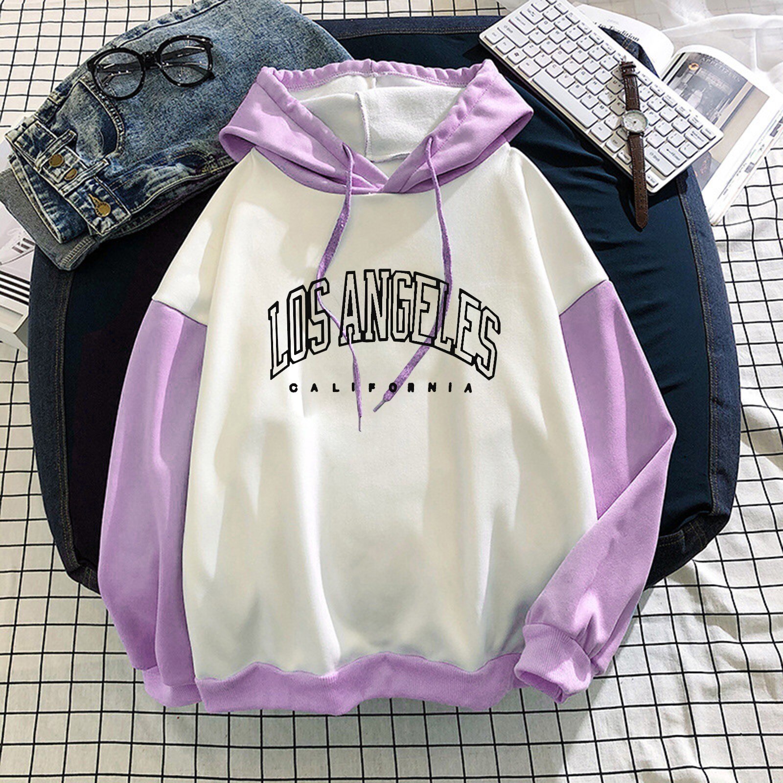 Sweat-capuche-imprim-Los-Angeles-pour-femmes-sweat-shirt-surdimensionn-pais-en-molleton-Kawaii-avec-cordon