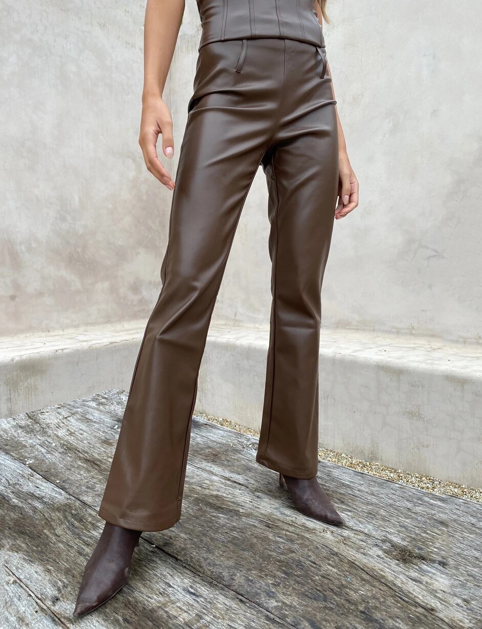 Pantalon-vas-en-cuir-PU-pour-femmes-d-contract-couleur-unie-fermeture-clair-noir-marron-nouvelle