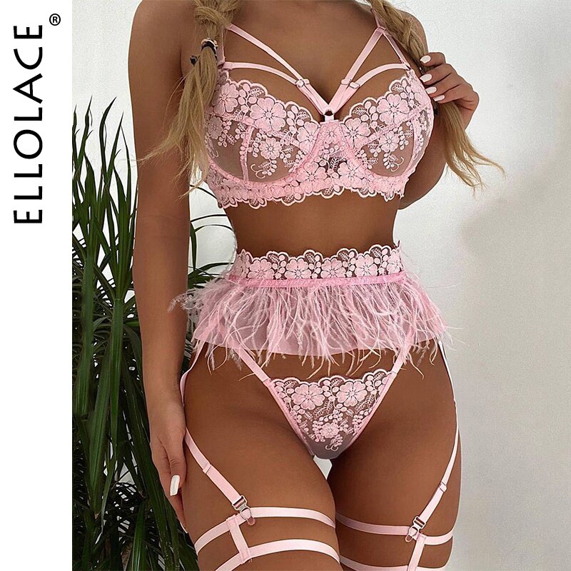 Ellolace-ensemble-de-sous-v-tements-pour-femmes-3-pi-ces-Lingerie-Sexy-plumes-Push-up