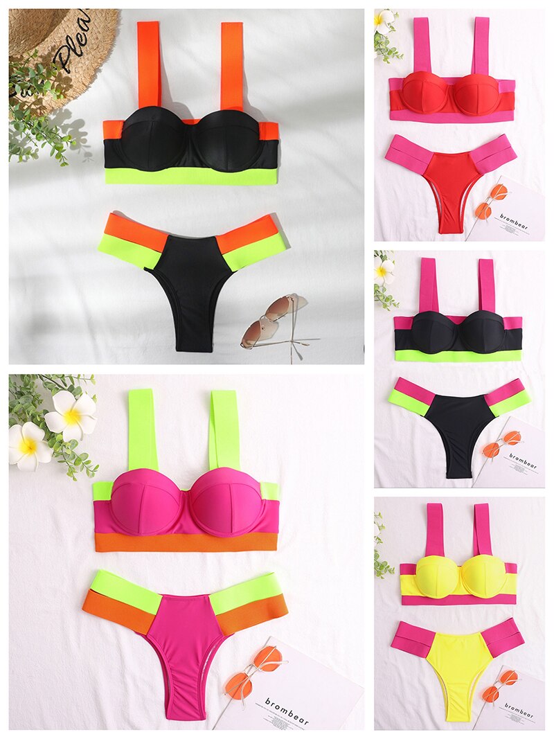 Ellolace-maillot-de-bain-couleur-n-on-Patchwork-soutien-gorge-Push-up-rembourr-ensemble-deux-pi