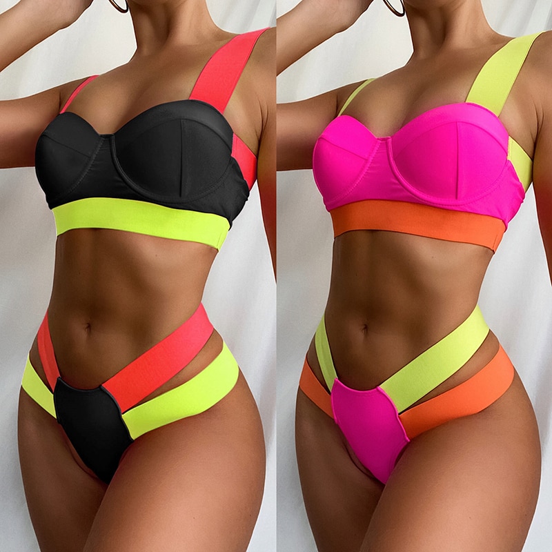 Ellolace-maillot-de-bain-couleur-n-on-Patchwork-soutien-gorge-Push-up-rembourr-ensemble-deux-pi