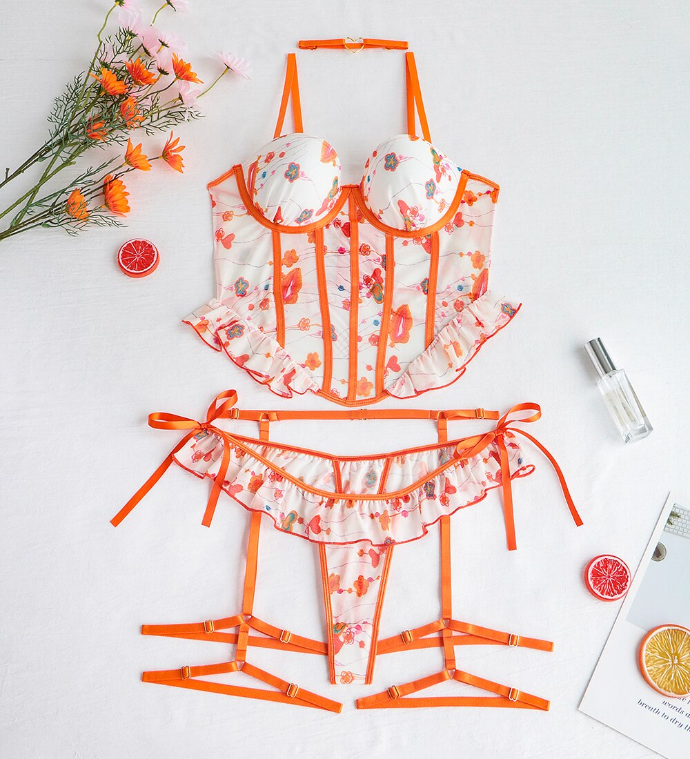 Ellolace-ensemble-soutien-gorge-et-culotte-pour-femme-Lingerie-Orange-vif-mignon-volants-rotique-rembourr-Sexy