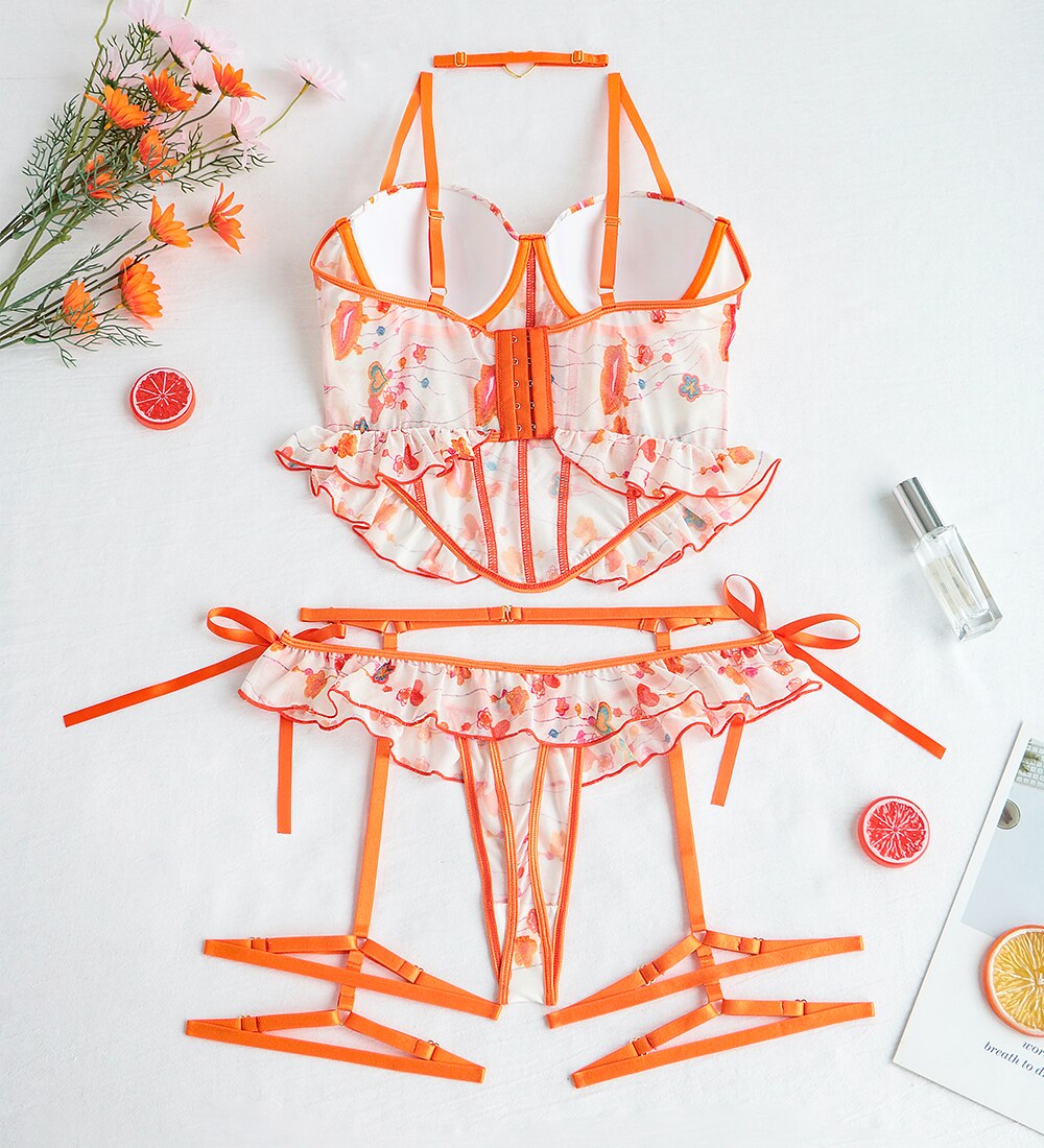 Ellolace-ensemble-soutien-gorge-et-culotte-pour-femme-Lingerie-Orange-vif-mignon-volants-rotique-rembourr-Sexy