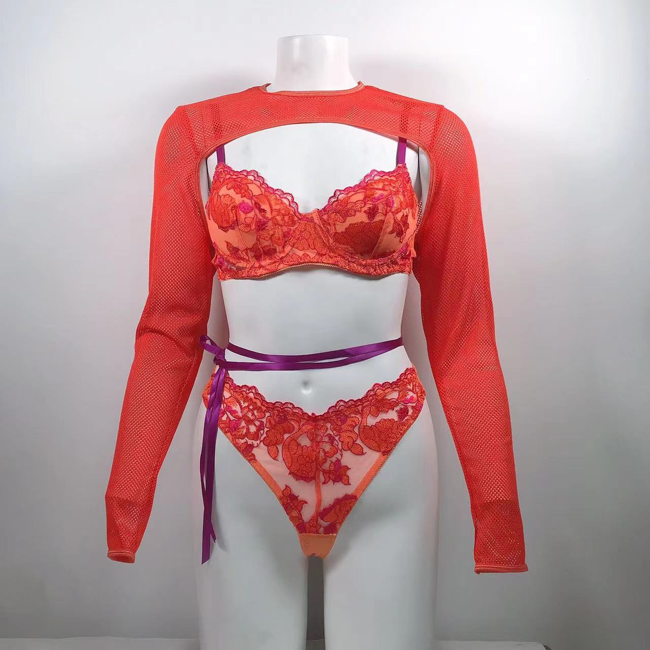 Ellolace-Lingerie-fantaisie-avec-haut-court-4-pi-ces-Sexy-string-Transparent-sensuel-Orange-sous-v