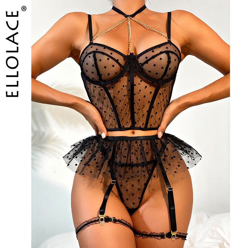 Ellolace-Lingerie-rotique-pois-ensemble-soutien-gorge-et-culotte-Transparent-avec-jarretelles-volants-ensemble-exotique-Transparent