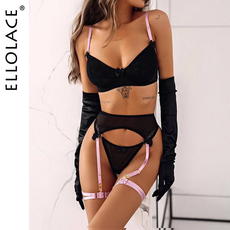 Ellolace-ensemble-de-Lingerie-f-erique-pour-femmes-ceinture-jarretelles-n-ud-papillon-Patchwork-maille-transparente