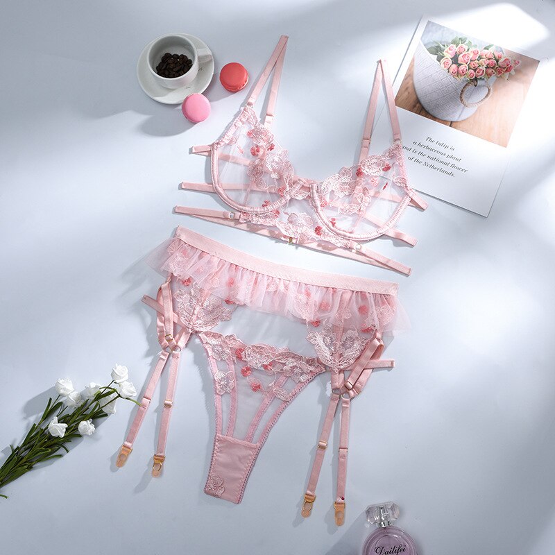 Soutien-gorge-et-culotte-en-dentelle-rose-pour-femmes-sous-v-tements-transparents-Lingerie-florale-brod