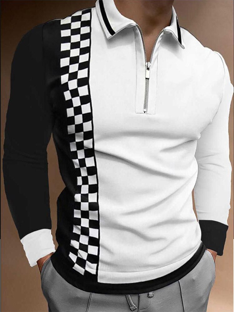 Polo-manches-longues-et-col-rabattu-pour-homme-haut-rayures-avec-fermeture-clair-style-d-contract