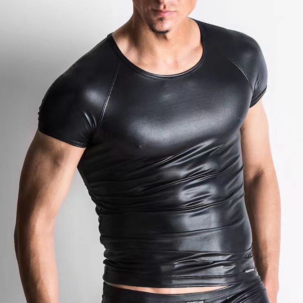 T-Shirt-en-Faux-cuir-extensible-manches-courtes-pour-homme-sous-v-tement-mouill-en-Latex