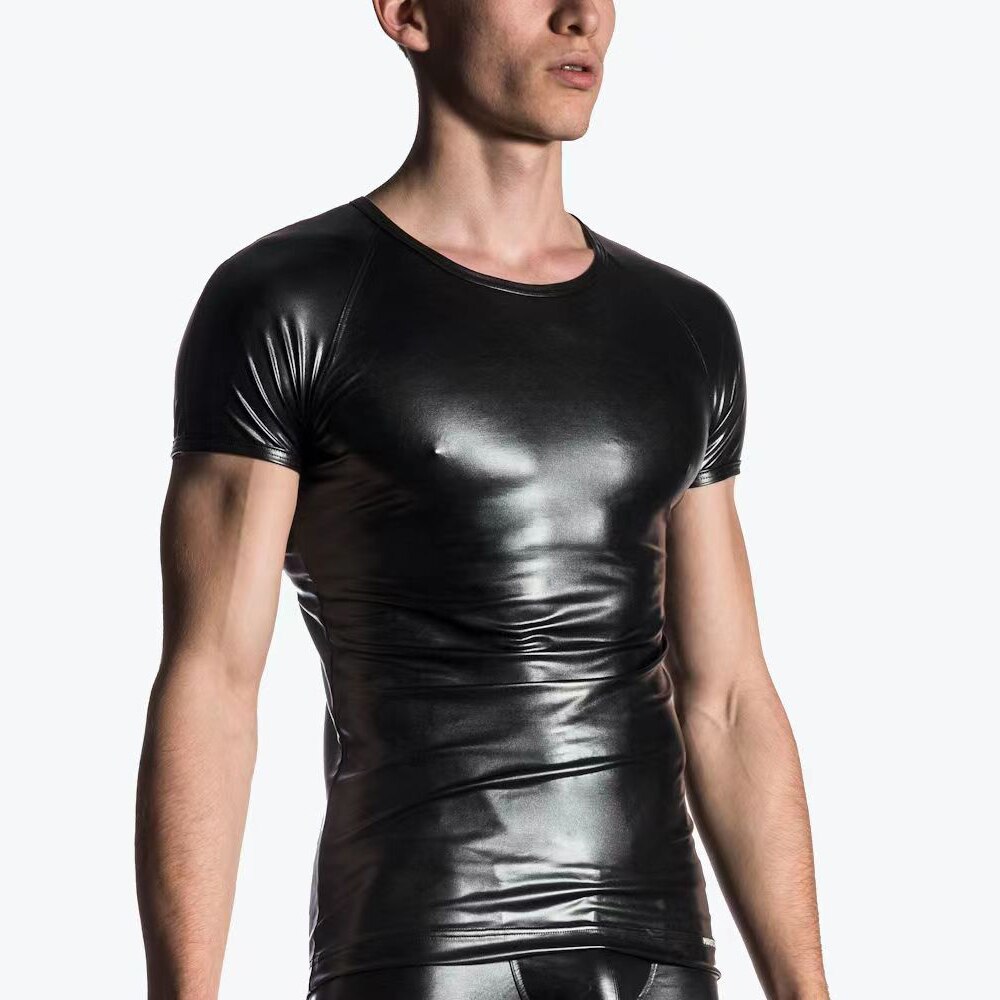 T-Shirt-en-Faux-cuir-extensible-manches-courtes-pour-homme-sous-v-tement-mouill-en-Latex