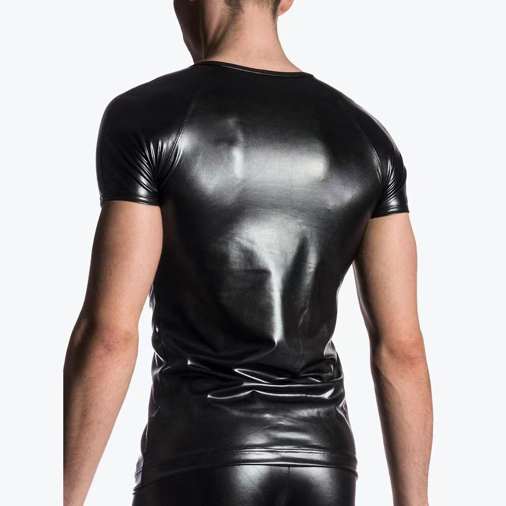 T-Shirt-en-Faux-cuir-extensible-manches-courtes-pour-homme-sous-v-tement-mouill-en-Latex