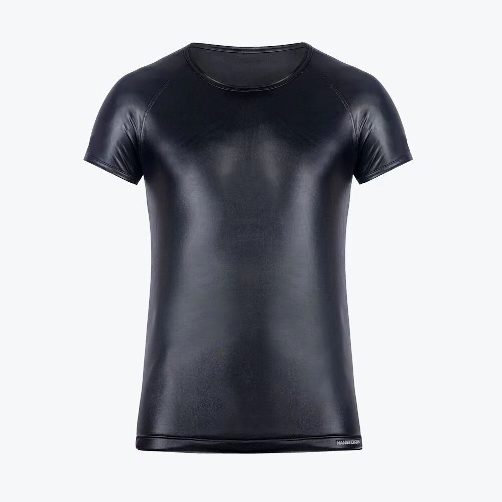 T-Shirt-en-Faux-cuir-extensible-manches-courtes-pour-homme-sous-v-tement-mouill-en-Latex