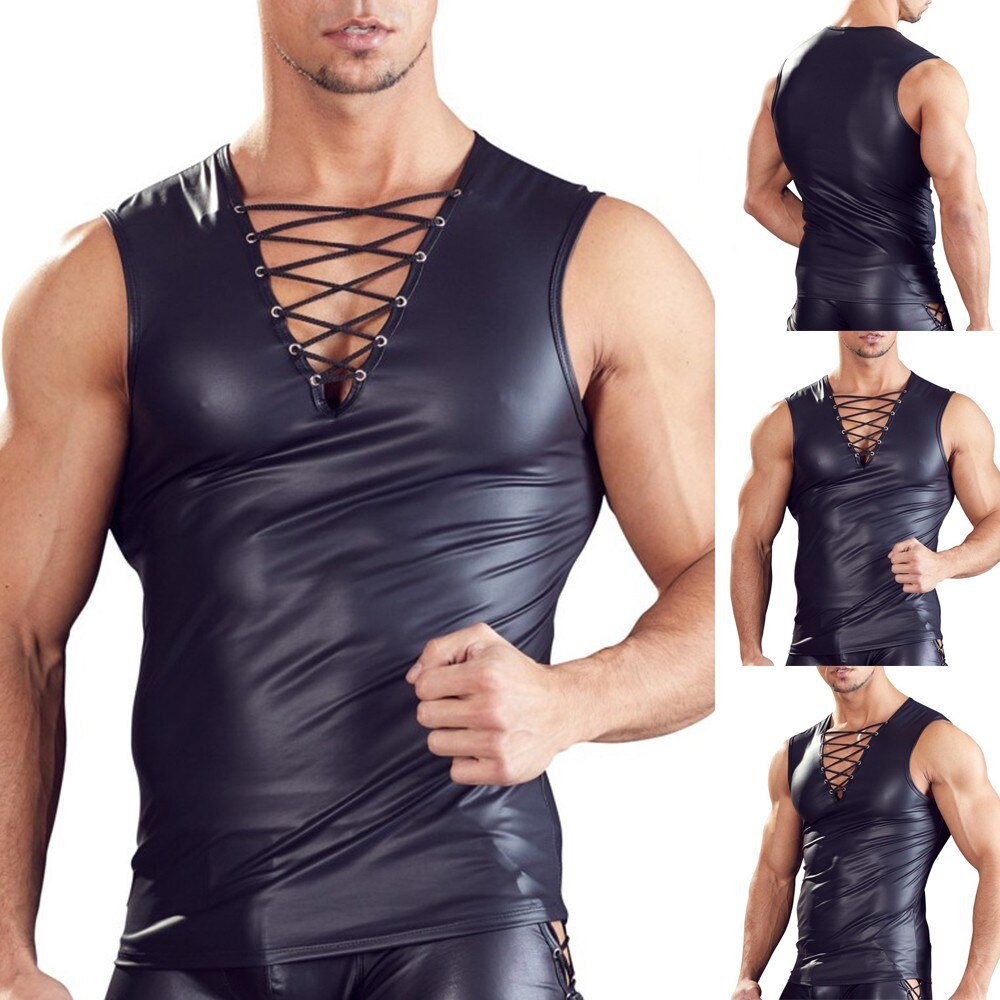 T-Shirt-en-Faux-cuir-pour-hommes-Look-mouill-f-tiche-Bondage-Sexy-solide-discoth-que