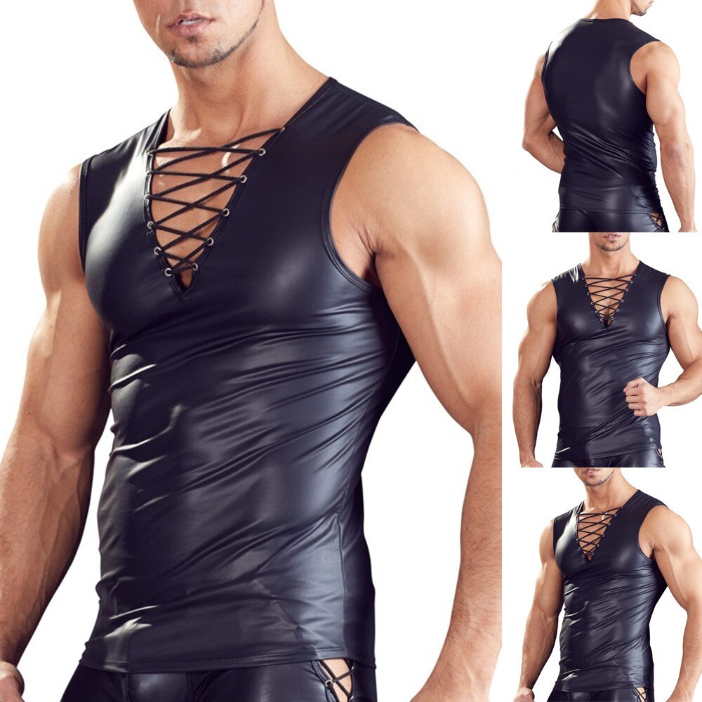 T-Shirt-en-Faux-cuir-pour-hommes-Look-mouill-f-tiche-Bondage-Sexy-solide-discoth-que