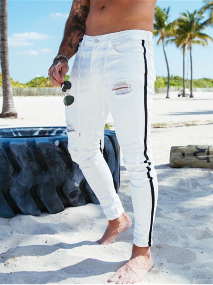 Jean-Slim-d-chir-blanc-pour-homme-pantalon-crayon-rayures-lat-rales-Streetwear-moto-Hip-Hop