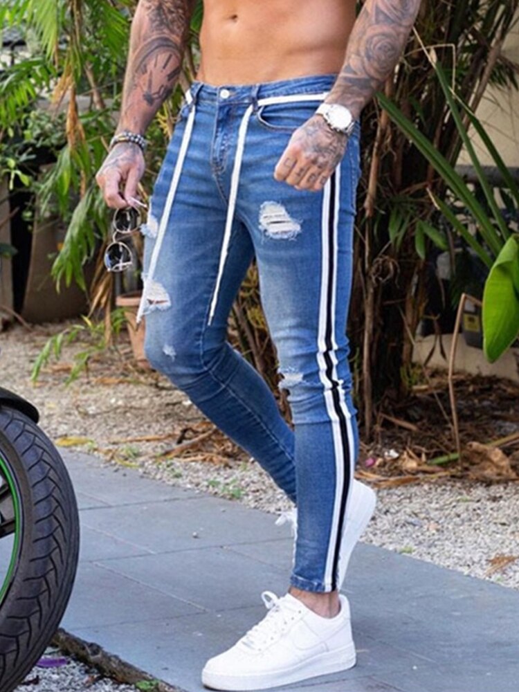 Jean-Slim-d-chir-blanc-pour-homme-pantalon-crayon-rayures-lat-rales-Streetwear-moto-Hip-Hop