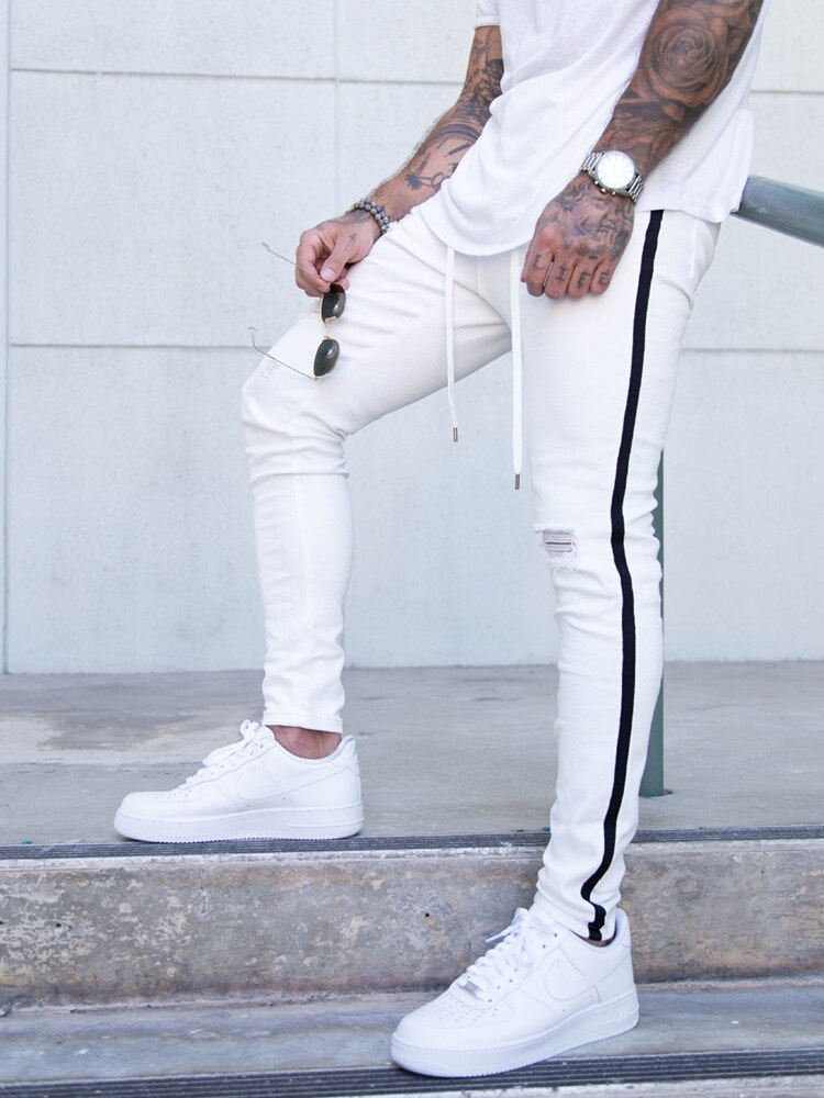 Jean-Slim-d-chir-blanc-pour-homme-pantalon-crayon-rayures-lat-rales-Streetwear-moto-Hip-Hop