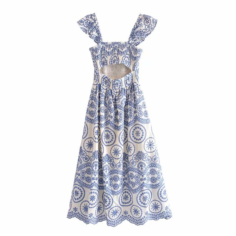 Robe-d-t-longue-bretelles-pour-femmes-bleu-broderie-florale-style-Boho-dos-nu-d-contract