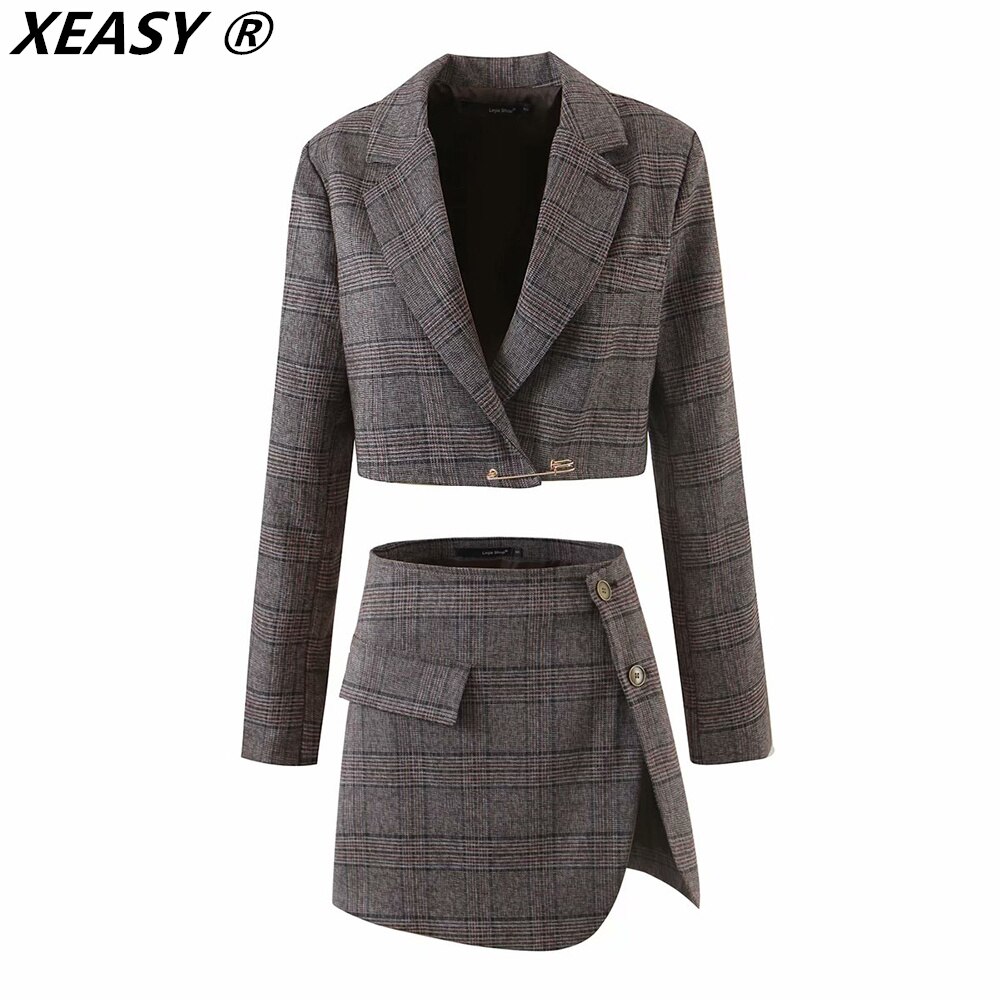 XEASY-ensemble-Blazer-court-carreaux-pour-femmes-Vintage-l-gant-taille-haute-fente-lat-rale-Mini