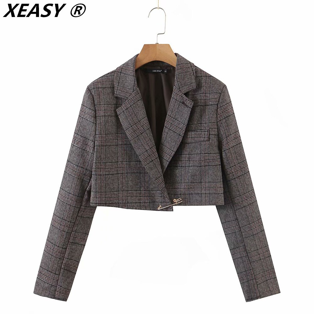 XEASY-ensemble-Blazer-court-carreaux-pour-femmes-Vintage-l-gant-taille-haute-fente-lat-rale-Mini