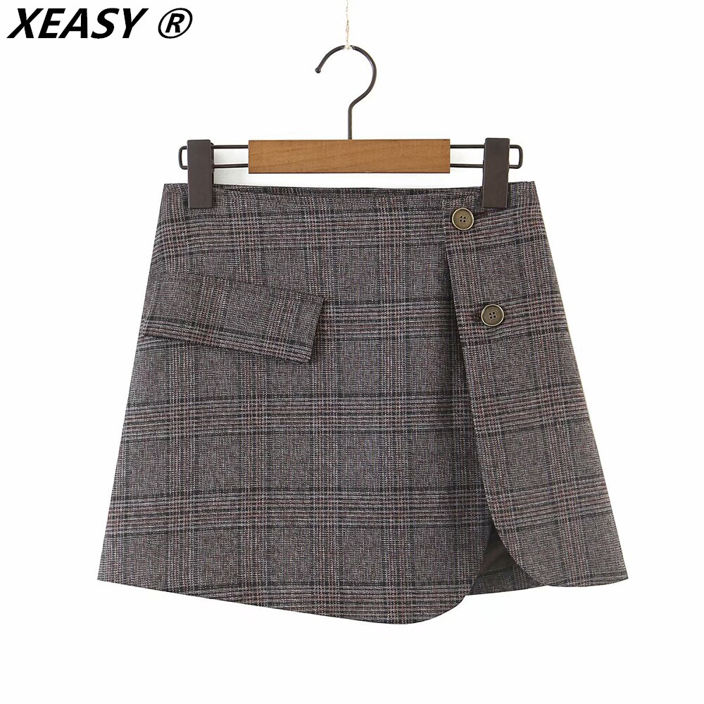 XEASY-ensemble-Blazer-court-carreaux-pour-femmes-Vintage-l-gant-taille-haute-fente-lat-rale-Mini