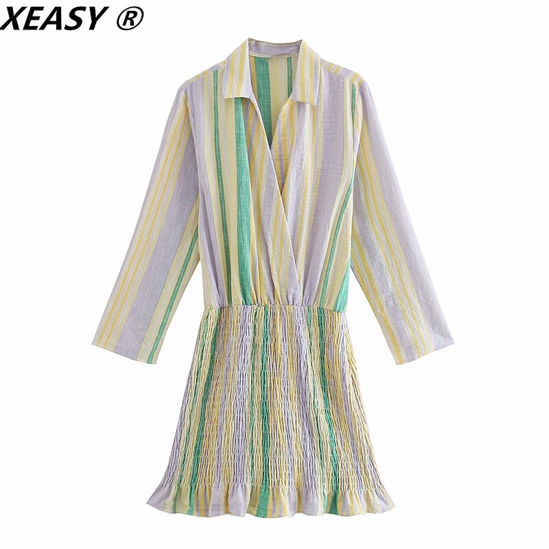 XEASY-robe-imprim-e-rayures-color-es-pour-femmes-Mini-Vintage-ourlet-lastique-pliss-Slim-volants