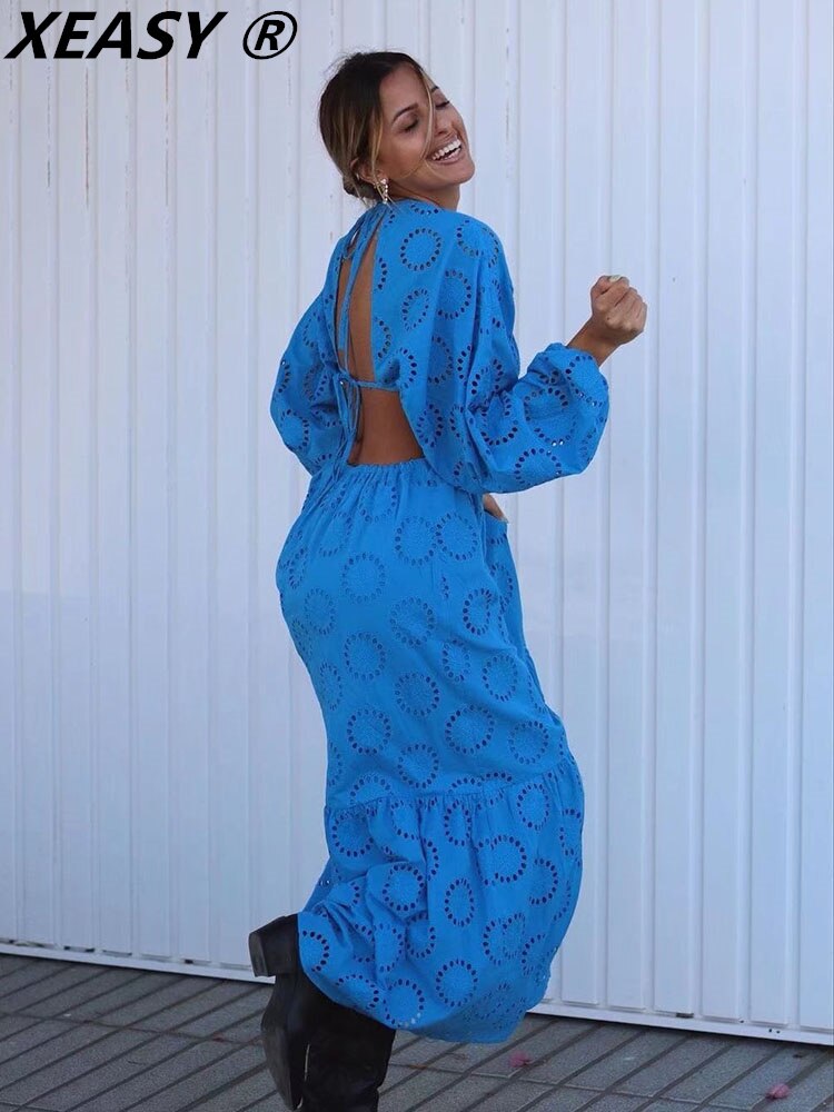 XEASY-robe-mi-longue-Sexy-pour-femmes-l-gante-dos-nu-manches-longues-bleu-Vintage-v