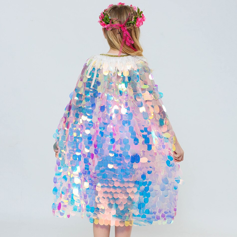 Cape-de-petite-sir-ne-pour-filles-paillettes-color-es-cape-de-princesse-brillante-Costume-de