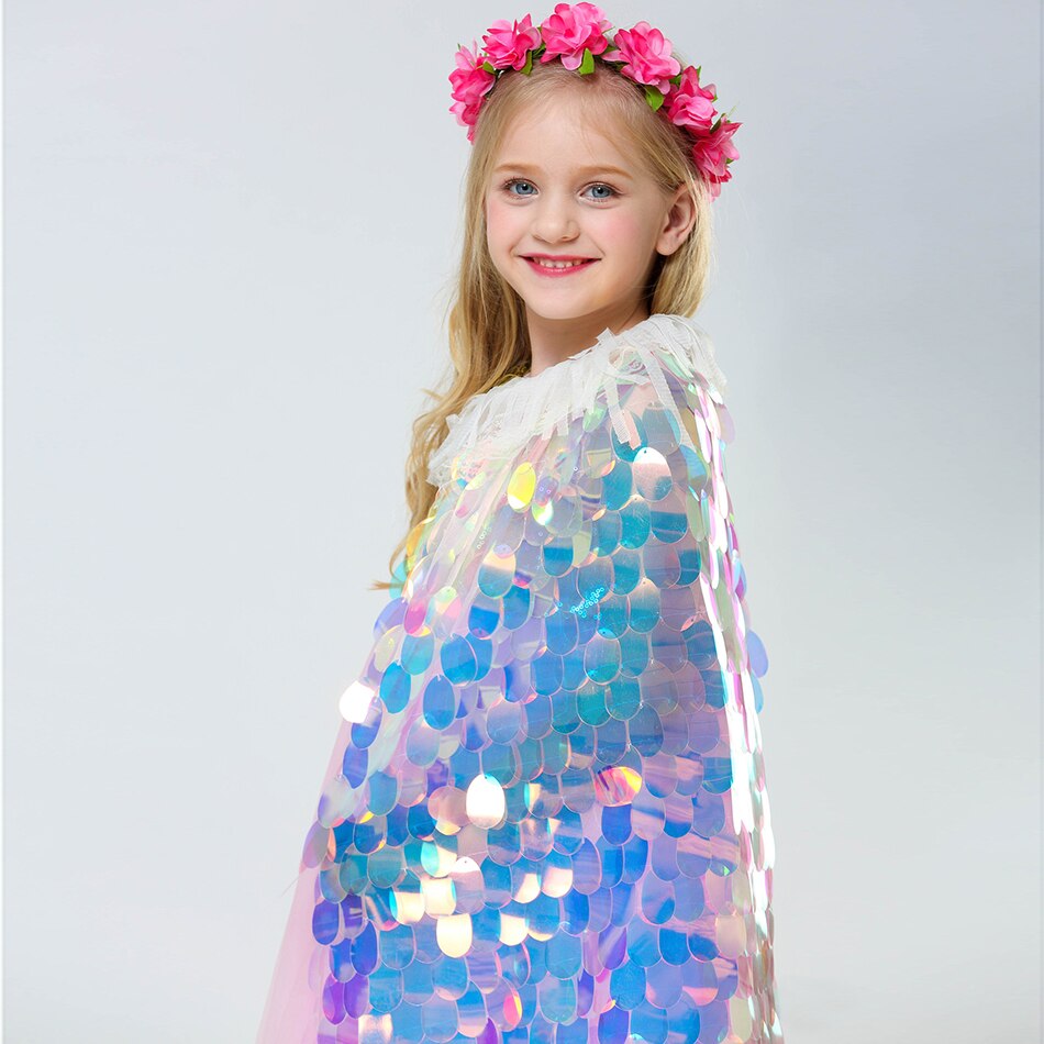 Cape-de-petite-sir-ne-pour-filles-paillettes-color-es-cape-de-princesse-brillante-Costume-de