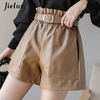 Jielur-Short-en-cuir-PU-pour-femme-Slim-taille-haute-couleur-unie-Chic-ceinture-cor-enne